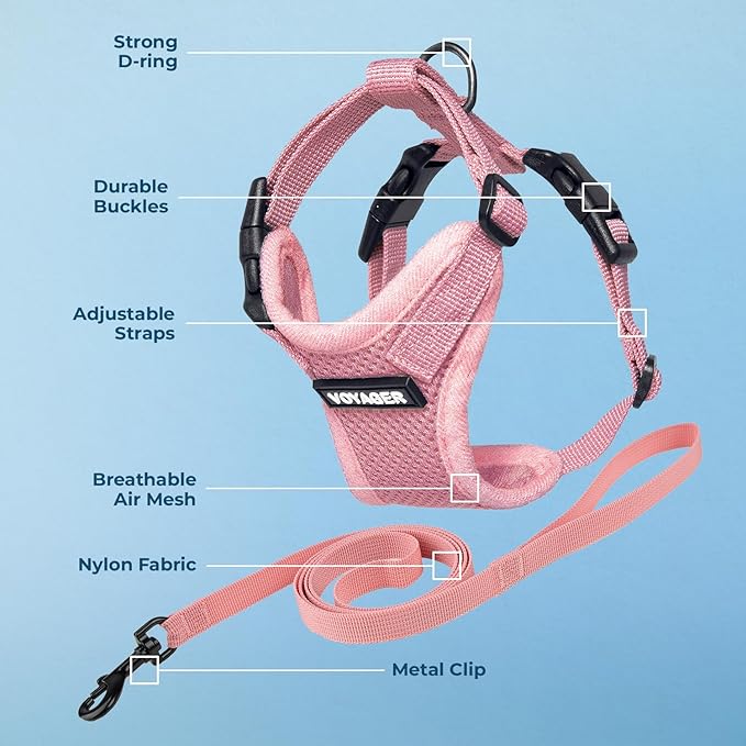 Voyager Step-in Lock Adjustable Cat Harness w. Cat Leash Combo Set with Neoprene Handle 5ft - Supports Small, Medium and Large Breed Cats by Best Pet Supplies - Pink, XS