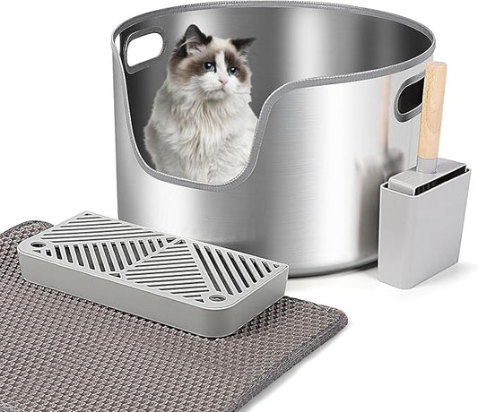 Stainless Steel Litter Box, 17.4” x 11" Large Round High Sided Metal Cat Litter Box Tray with Scoop, Filter Pedal & Litter Mat, Non-Sticky, Non-Odor, Easy Cleaning
