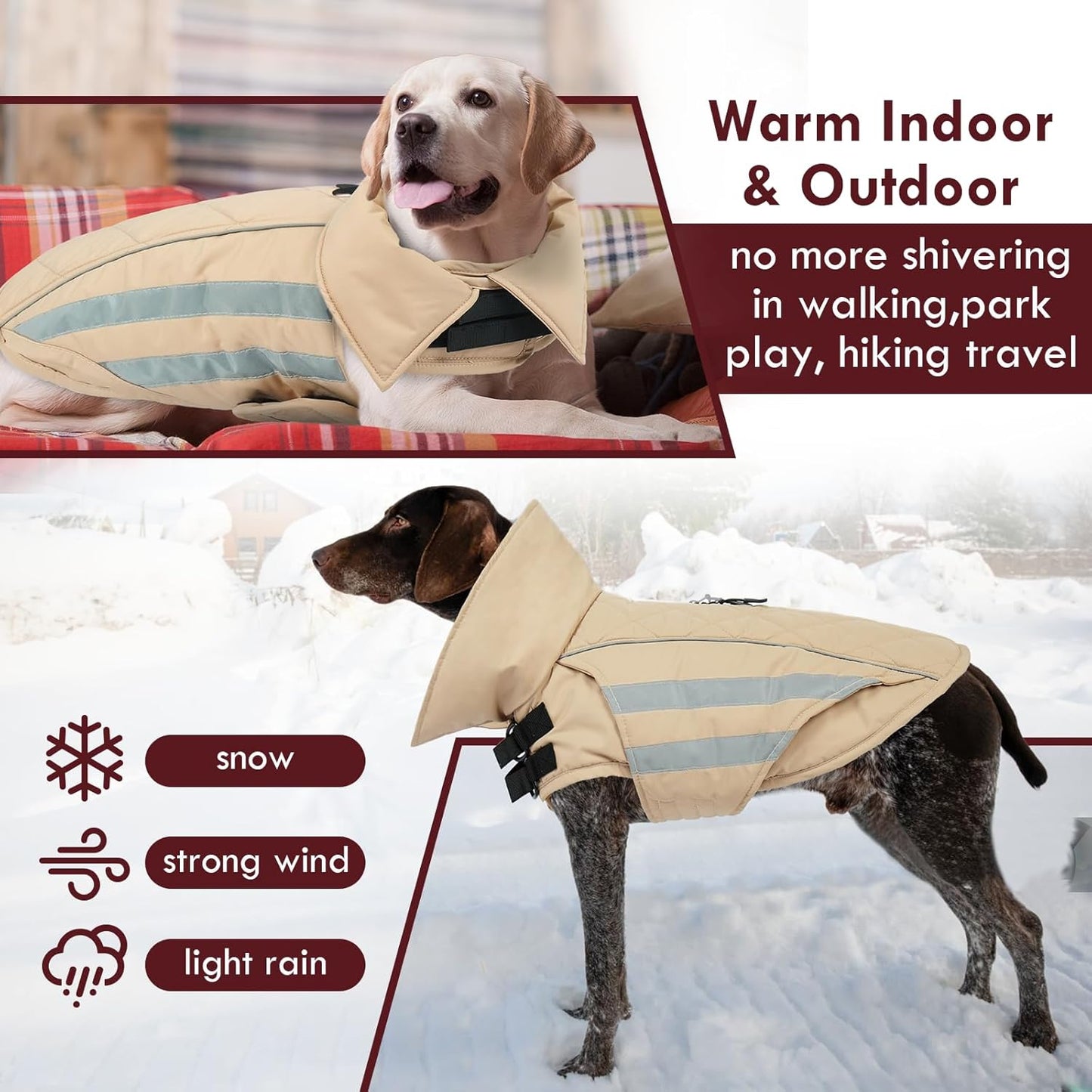 Dog Coat for Large Dogs Waterproof Winter Jacket with Harness Hole Turtleneck Hook & Loop Snowsuit Warm Fleece Dog Jacket for Cold Weather Windproof, Khaki XL