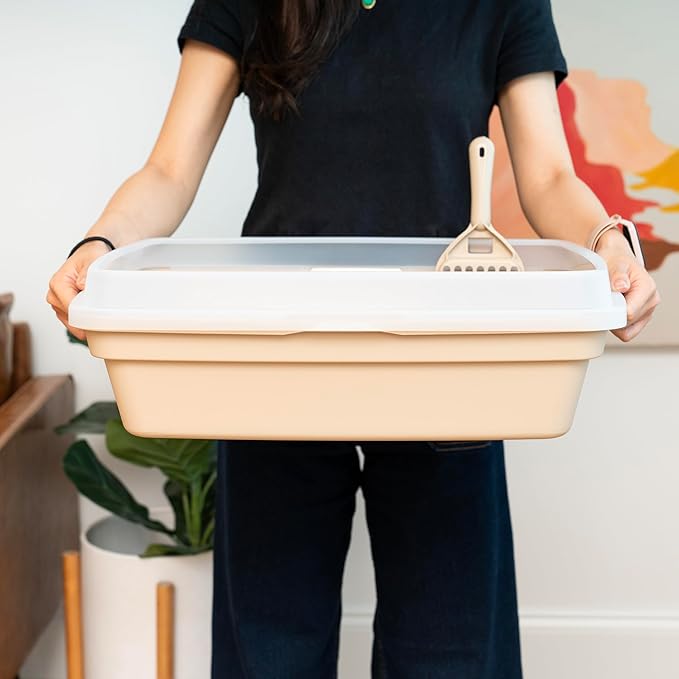 IRIS USA Cat Litter Box, Open Top with Scoop, Easy Clean Plastic Pan for Indoor Cats & Kittens, Beige