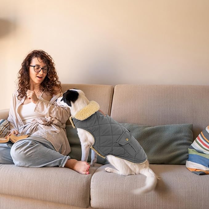 Dog Winter Coat for Small Dogs, Puppy Plaid Jacket, Pet Coat for Cold Weather, Windproof Warm Dog Jackets, Pet Thickened Outfits Indoor Outdoor, Grey XS