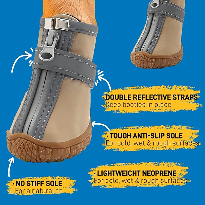 Dog Shoes for Small Dogs, Waterproof Dog Boots Paw Protector for Hot Pavement Winter Snow, Dog Booties with Reflective Strips Rugged Anti-Slip Sole for Hardwood Floors Outdoor Walking Khaki Size 3