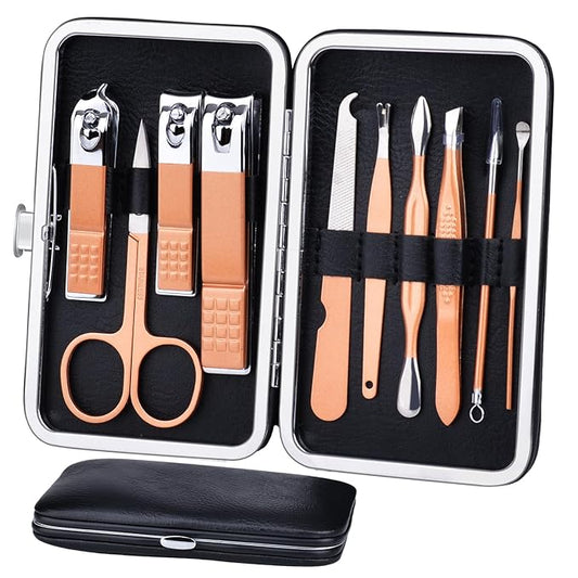 Manicure Set 10 in 1 Stainless Steel, Nail Clippers Scissors Pedicure Tools Kit - Portable Travel Grooming Kit for Men and Women with Leather Case (Rose gold)