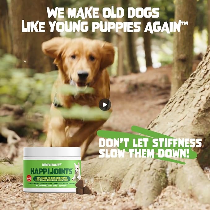 HappiJoints Hip and Joint Supplement Treats for Dogs, Cats • 100% Grass-Fed Beef Bone Collagen New Zealand Green-Lipped Mussels • 50 Treats