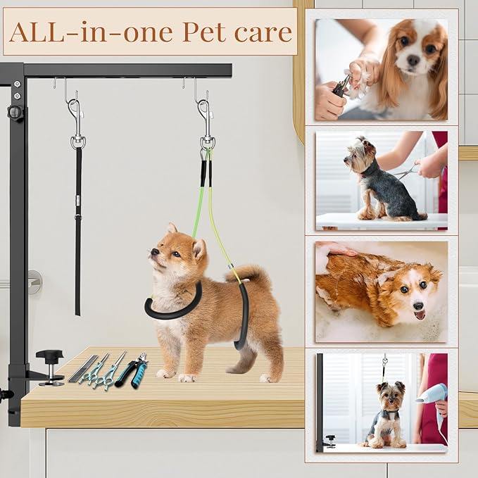 Professional Dog Grooming Table Arm with Hammock, Scissors, Nail Clipper Kit - Adjustable Grooming Arm Restraint System for Small Medium Pets at Home or Salon(Gray)