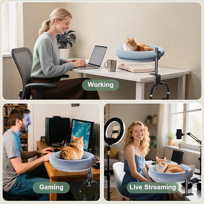 Cat Desk Bed, 360-Degree Rotating Hammock Perch, Cat Bed with Height Adjustable, Machine Washable, Gray