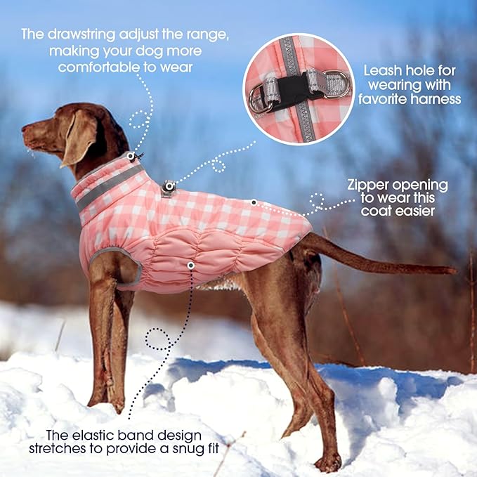 FUAMEY Dog Coat for Large Dogs,Waterproof Dog Winter Jacket with Harness Built in Puppy Cold Weather Coats Reflective Pet Vest with Zipper Warm Fleece Dogs Snowsuit Windproof Pink Plaid 2XL