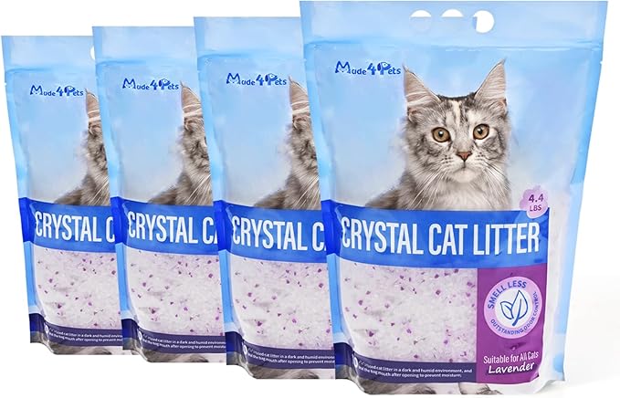 Made4Pets Cat Litter Crystals, Non Clumping Cat Litter Odor Control Kitty Litter Non Clumping No scooping Low Dust, Low Tracking, Lightweight, Dehydrates Waste, Lavender – 17.2 lbs (4 x 4.3 lb Packs)