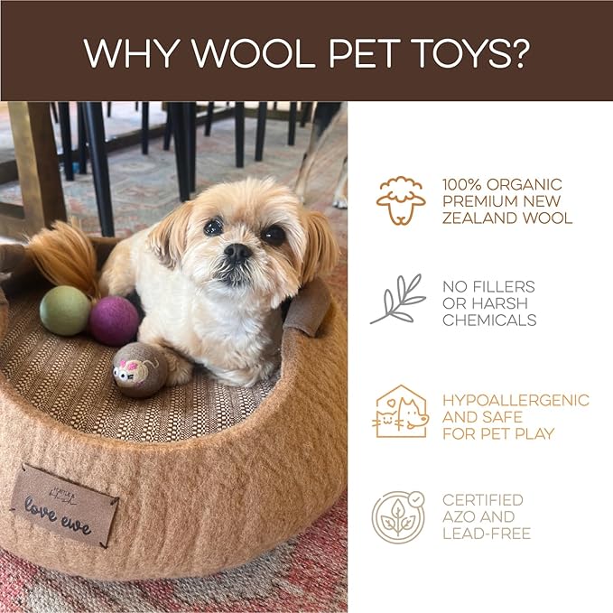 Hustle & Blush Wool Felt Balls 3 Pack Love Ewe Pet Supplies - 2 in Felted Wool Cat Toys 100% New Zealand Wools Felt Cat Toys Handmade Wools Felts Balls, Cats Felts Ball with Bell - Hook, Line & Jingle