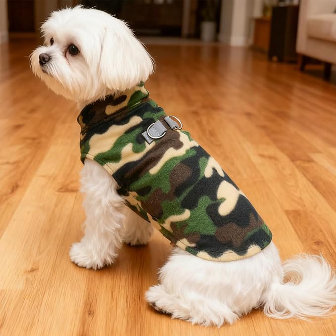 BEAUTYZOO Dog Fleece Vest Sweater Winter Jacket for Small and Medium Dogs with D-Ring Leash Cold Weather Coat Hoodie for XS S M Dogs Boy or Girls, Army Green S