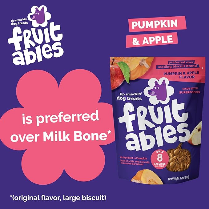 Fruitables Baked Dog Treats, Healthy Pumpkin Treat for Dogs, Low Calorie & Delicious, No Wheat, Corn or Soy, Made in the USA, Pumpkin and Apple Flavor, 12oz