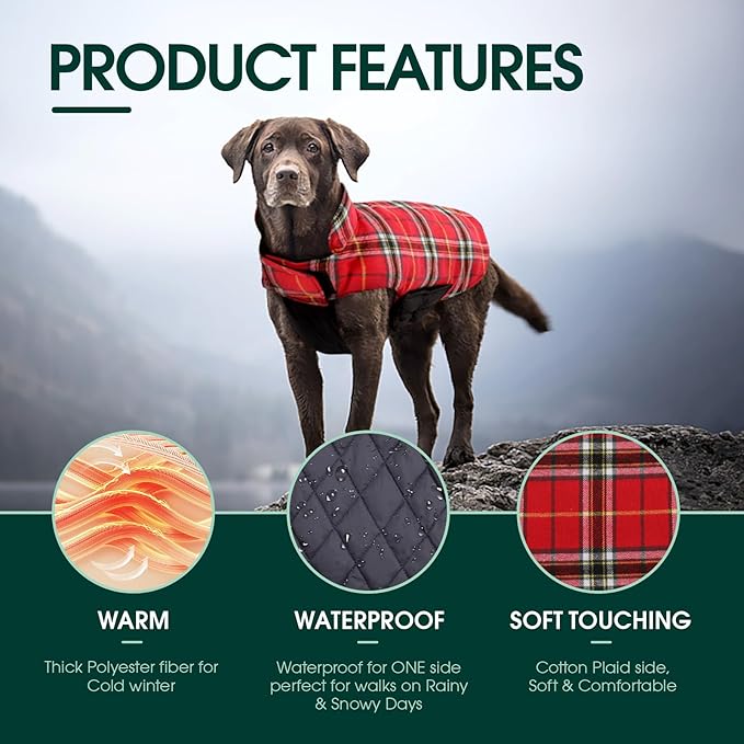 Kuoser Warm Dog Coat, Waterproof Dog Jacket for Extra Large Dogs, Adjustable Durable XXXL Doggie Winter Coat Reversible Puppy Cold Weather Apparel for Large Breed, Bright Red 3XL
