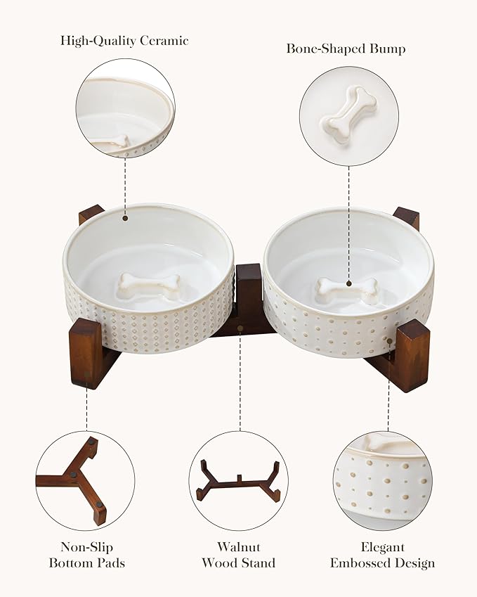 MALACASA Dog Bowl Set with Walnut Wood Stand, 1.5 Cups Ceramic Pet Bowls for Puppy Dogs, Dual Food and Water Bowls with Weighted Non-Slip Base, Basic Bowls for Your Dog or Cat, Rhombic & Polka Dots