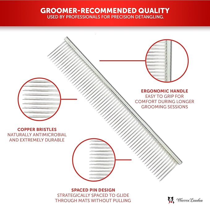 Warren London Cat DeMatter Pro Max | 9" Copper Grooming Comb for Cats | Detangles Mats, Knots & Loose Fur – Gentle, No-Pull Design for Long, Thick, or Tangled Coats | Professional Cat Grooming Tool