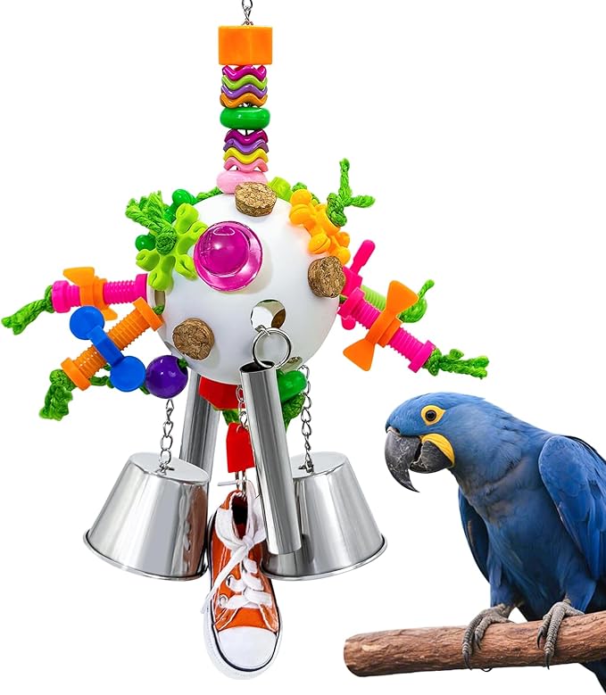 Bird Toys, Parrot Pullable Stainless Steel Cup Colorful Acrylic Stick Chew Toys for Amazons Mini Macaws African Greys Cockatoos Conures,Cockatiels, Lovebirds，Parrotlet，Eclectus (White)