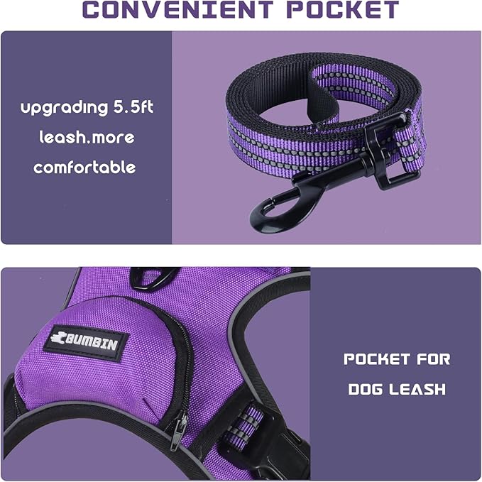 BUMBIN Dog Harness for Large Dogs, No Pull Adjustable No Choke Pet Vest with Dog Leash Fit Smart Reflective Pet Walking Harness for Training Easy Control Soft Handle Purple S