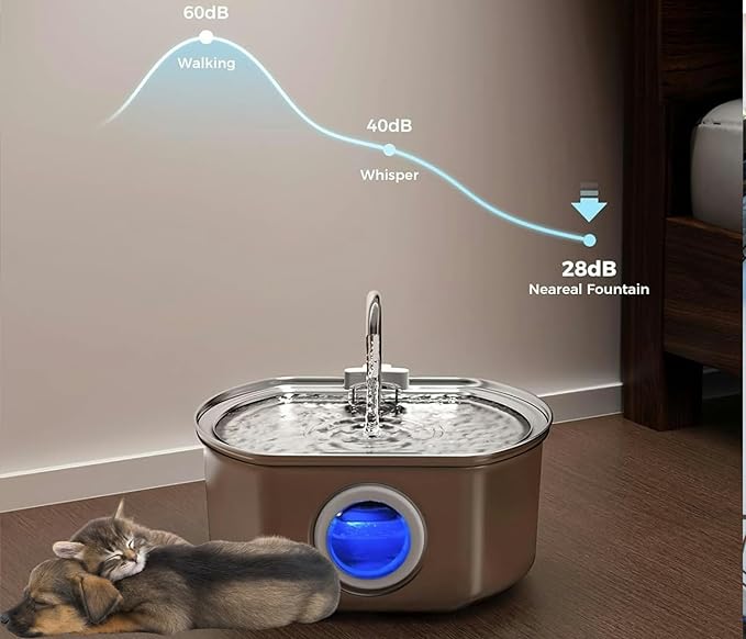 Stainless Steel Cat Water Fountain, 108oz/3.2L Automatic Pet Water Dispenser with Water Level Window, Quiet Pump, Multi-Stage Filtration for Cats and Dogs