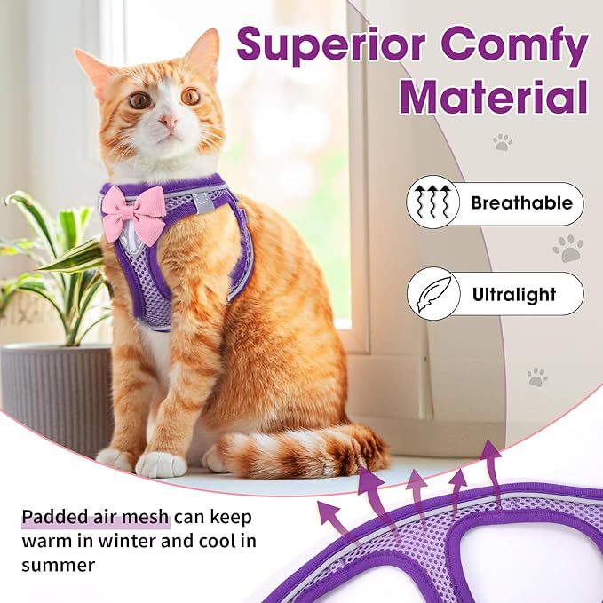 Cat Vest Harness and Leash Set for Walking Escape Proof, Adjustable Kitten Harness Breathable Mesh with Reflective Strips Harness for Kitty Puppy Bunny (Purple, XS)