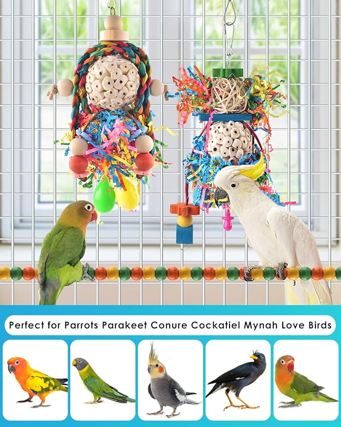 Bissap Conure Toys, 3 PCS Parrot Foraging Shredder Hanging Toys Sola Balls with Sand Hammer Perch Swing Climbing for Small Parrots Parakeets Conures Cockatiels Love Birds Cage Toy