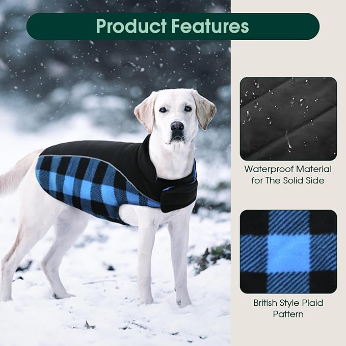 Kuoser Dog Winter Coat, Reversible Waterproof Dog Jacket with Reflective Strip, Warm Dogs Fleece Vest Adjustable Doggy Cold Weather Clothes Plaid Christmas Outfit Pet Apparel for Large Dogs, Blue 2XL
