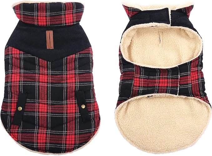 Winter Coat for Small Dogs, Puppy Plaid Jacket, Cotton Coat for Cold Weather, Windproof Warm Dog Garments, Pet Thickened Outfits Indoor Outdoor, Red XS