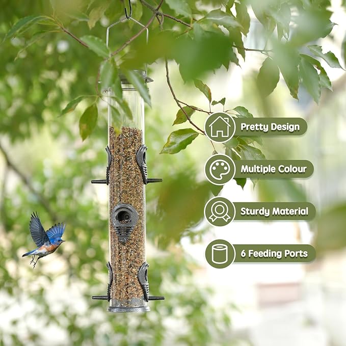 MIXXIDEA Metal Wild Bird Feeder, Squirrel Proof, Hanging 6 Port Tube Transparent Finch Feeder for Attracting Birds in Lawn, Garden, Balcony - Gray