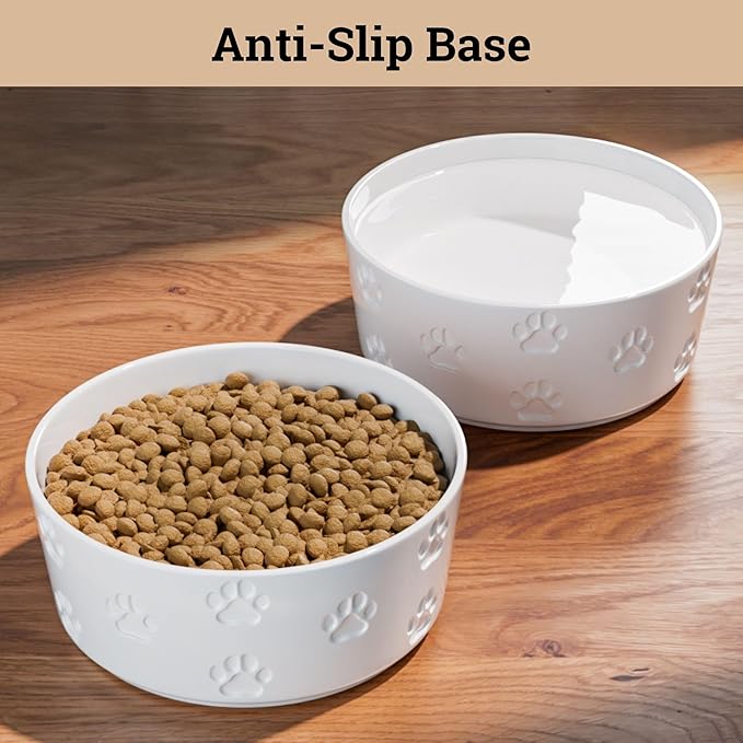 Ceramic Dog Bowl Set of 2 with Anti-Skid Base - 6.5" Wide x 2.5" Tall Ceramic Dog Bowls Medium Sized Dogs - 3.8 Cup Capacity Food and Water Bowls for Dogs - Rubber Bottom Pet Bowl Set of 2 Medium Size