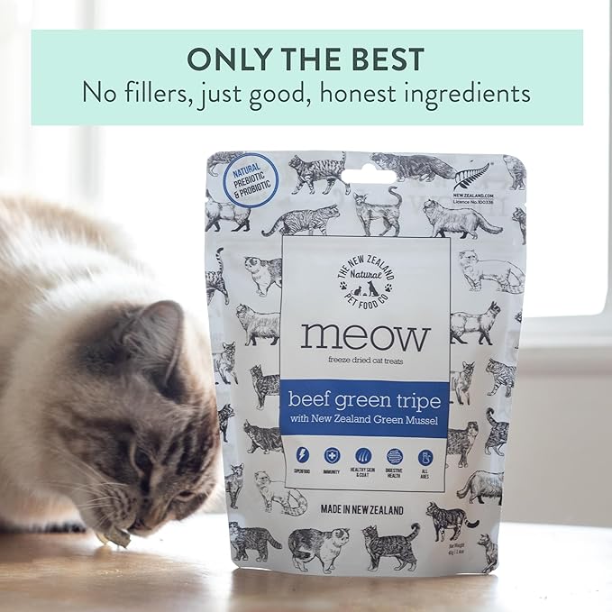 The New Zealand Natural Pet Food Co MEOW Freeze Dried Cat Treats - Beef Green Tripe with New Zealand Green Mussel, High Protein, Healthy Cat Snacks and Toppers, All Natural for all Life Stages, 1.4 oz