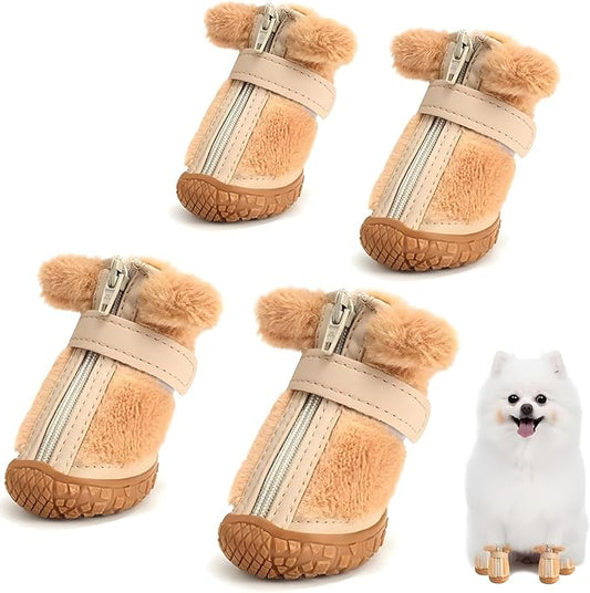 JZXOIVA Dog Shoes for Small Dogs, Fleece Dog Boots Paw Protector for Comfort and Warmth, Dog Booties with Anti-Slip Sole for Winter Snow Hardwood Floors Walking Brown Size 3