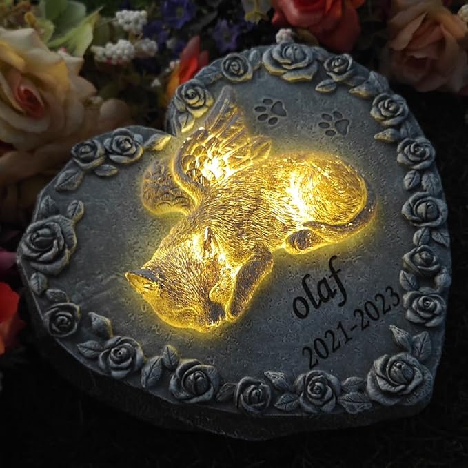 Solar Cat Memorial Stones, Solar Cat Statue Outdoor Garden Decor, Waterproof Solar Cat Headstone Grave Markers Tombstones Loss Cat Memorial Sympathy Keepsake, 8" L x 7.7" W x 3."H