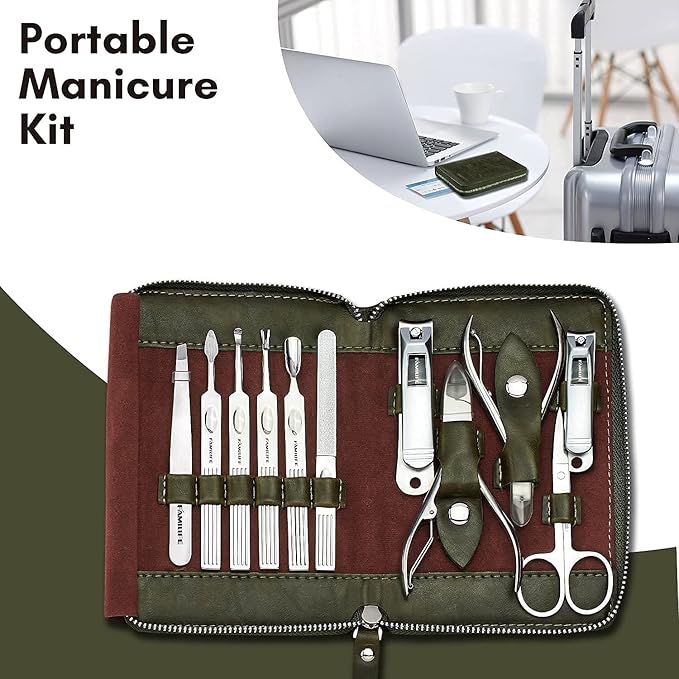 FAMILIFE Manicure Set, Professional Manicure Kit Nail Clippers Set 11 in 1 Stainless Steel Nail Pedicure Tools Kit Grooming Tool with Portable Green Leather Travel Case Luxury Gifts for Women and Men