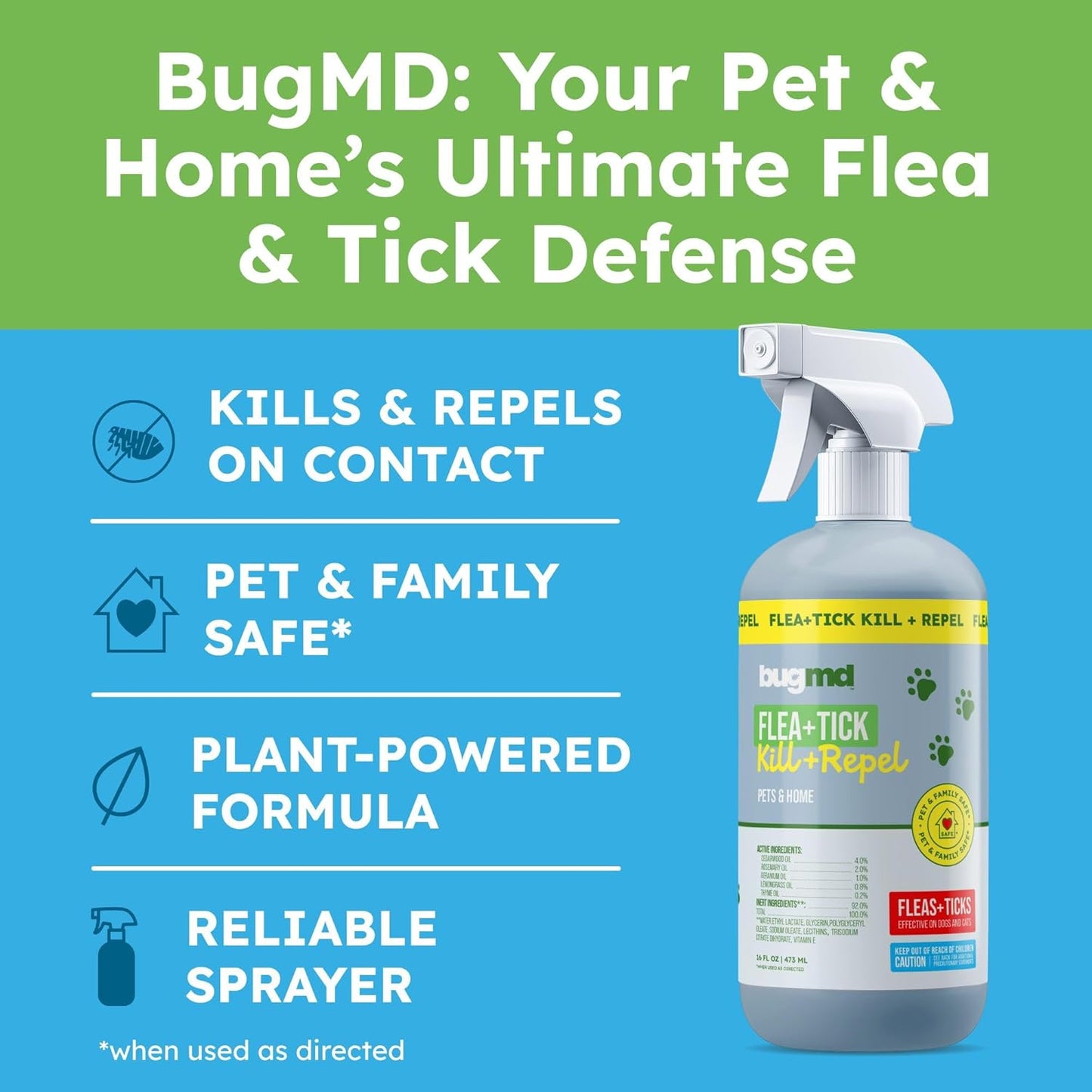 BugMD Natural Flea and Tick Spray for Dogs, Cats & Home | Plant-Based Flea Treatment & Tick Prevention with Essential Oils