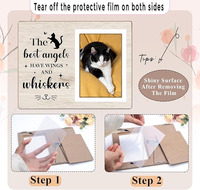 Cat Picture Frame, Cat Memorial Wooden Photo Frame, Pet Remembrance Gift, Sympathy Gift for Pet Owner, Cat Memorial Gifts for Loss of Cat, The Best Angels Have Wings and Whiskers (Beige, 4 x 6 Photo)