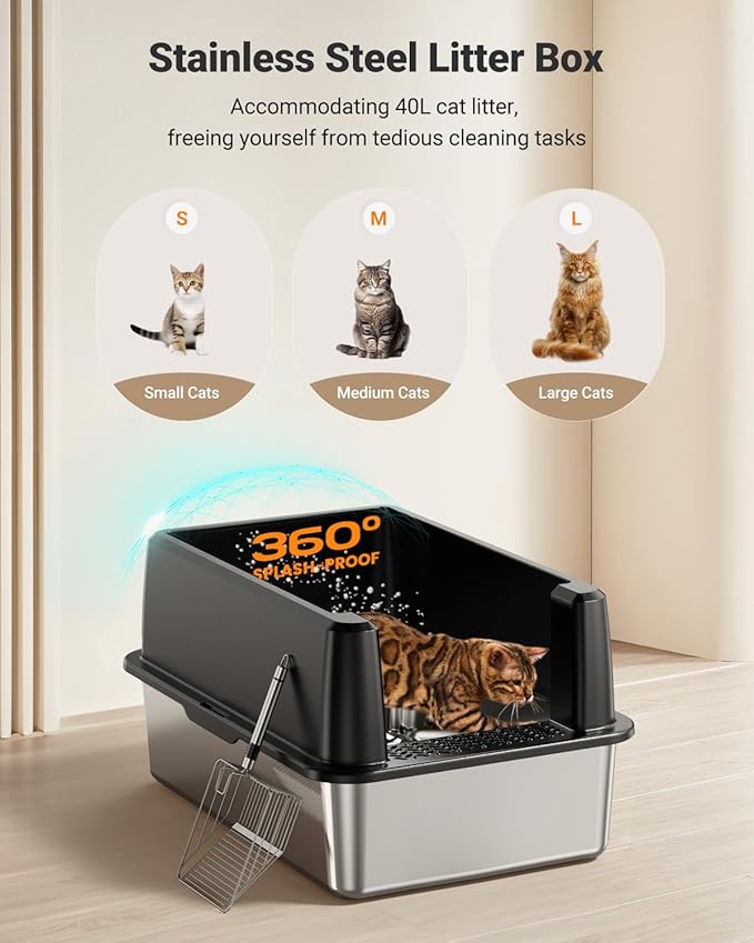 XL Stainless Steel Litter Box, Large Metal Cat Litter Box with High Sided for Big Cats, Enclosed Litter Boxes with Lid, Easy-Clean Cat Litter Mat & Scoop Kit, Anti-Urine Leakage (Black)