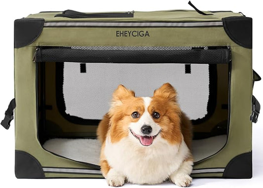 EHEYCIGA Collapsible Dog Crate 26 Inches, Portable Travel Crate for Small Dogs, Soft Foldable Pet Kennel with 4-Door Mesh Windows Indoor & Outdoor, Green