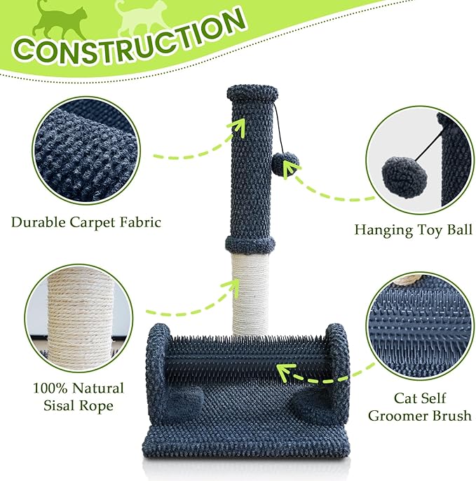 Cat Scratching Post with Cat Hair Brush & Interactive Ball, 22 Inch Sisal Cat Scratch Tower, Durable Thick Fabric Cat Scratcher for Indoor Cats, Kitten Exercise Play Furniture, Dark Grey