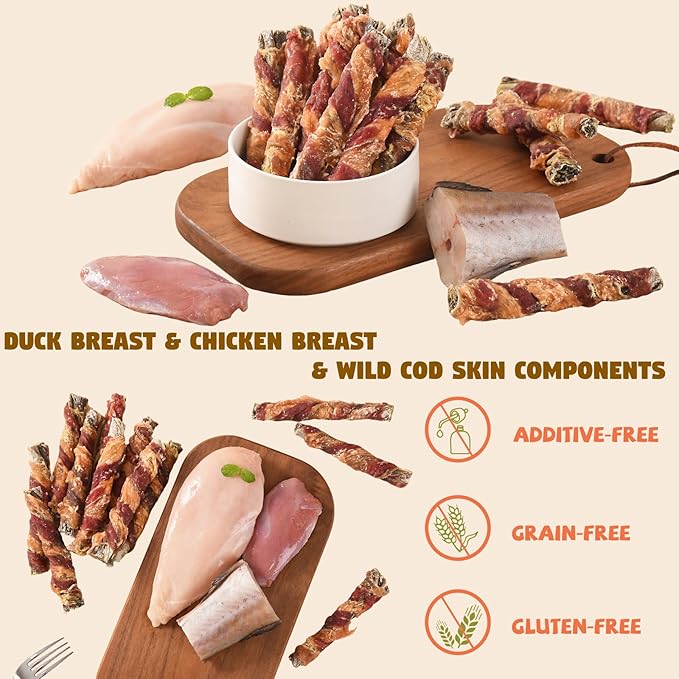 Dog Treats, Chicken Duck Wrapped Cod Skin Sticks for Dogs, Healthy Fish Dog Snacks Rich in Omega 3, Rawhide-Free Long Lasting Dog Jerky Traning Treats for Small Medium Large Breeds,10.58 oz