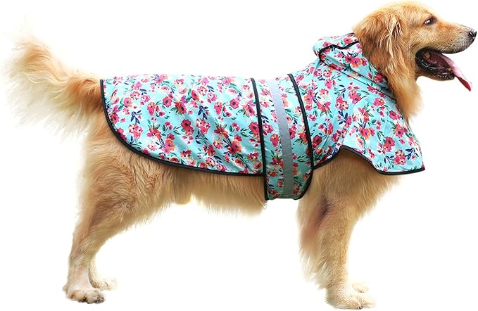 HDE Dog Raincoat Jacket Reflective Adjustable Hooded Pet Poncho Rain Coat with Leash Hole for Small to X-Large Dogs Turquoise - XL