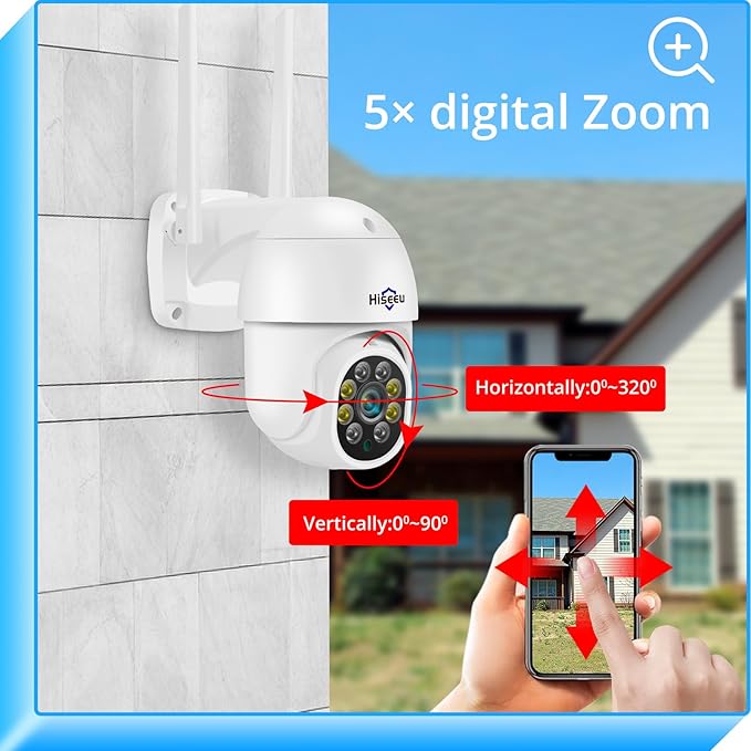 Hiseeu 2K 3MP PTZ Security Camera Outdoor,WiFi Camera, Auto Tracking&Light Alarm Floodlight & Color Night Vision,Two-Way Audio, Plug-in Cable,Compatible Wireless Camera System