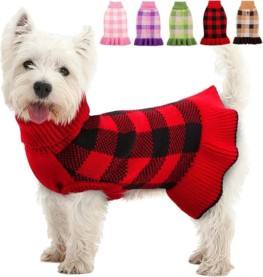 Dog Sweater Dress Plaid Knitwear for Small Medium Dogs Warm Puppy Pet Turtleneck Stretch Pullover Cute Fall Winter Vest Clothes with Leash Hole for Christmas (Red, 2XL)