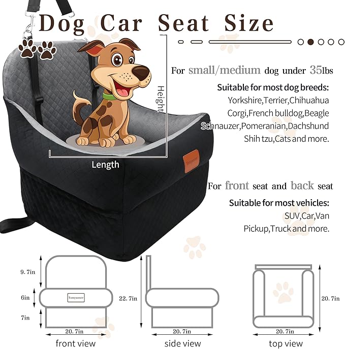 Dog Booster Car Seat for Small/Medium Dogs up to 35 lbs,Interior 7 Inches Elevated Pet Booster Seat,Ultra Soft Fabric and Memory Foam Car Dog Bed,Safety,Comfy,Fully Detachable Washable(H-Black/Grey)
