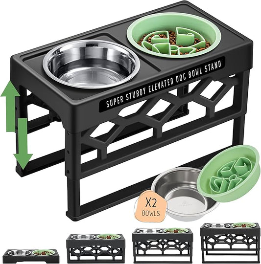 AVERYDAY Large Slow Feeder Dog Bowls Elevated, 4 Height Adjustable Raised Dog Bowl Stand with Stainless Steel Food and Water Bowl, Tall Dogs Feeding Station with Anti-Slip for Medium Large Breeds Dogs