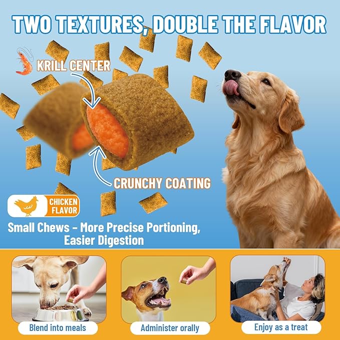 Dog Allergy Relief Chews, Dog Itching Skin Relief, 500 Crunchy Krill Center Seasonal Allergy Anti-Itch Chews, Itchy Ear & Paw Licking, Colostrum, Quercetin & Probiotics for Gut, Immune, Skin & Coat