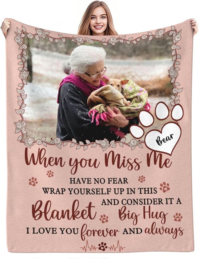 Custom Pet Memorial Blanket with Photo,Personalized Dog/Cat Loss Sympathy Gift,Pet Loss Bereavement Remembrance Gifts,Flannel Throw Blanket with Pictures (Peach Pink)
