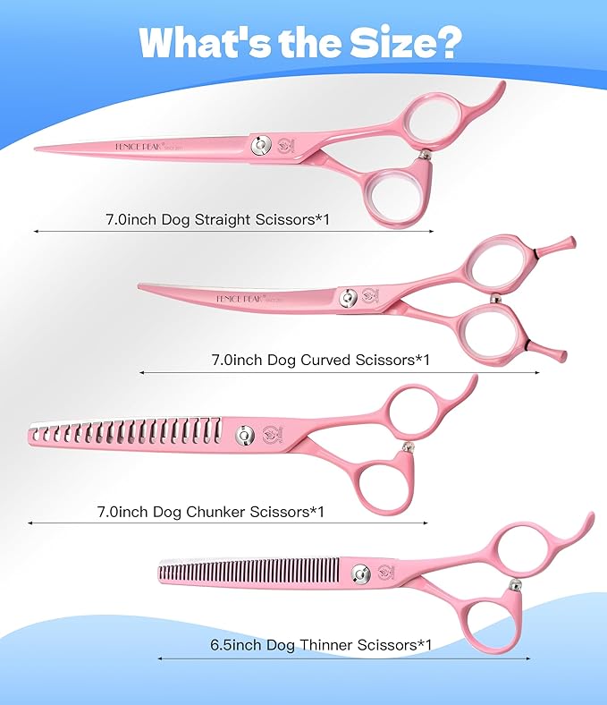 Fenice Peak 7" Professional Dog Grooming Scissors Set, Japanese 440C Stainless Steel Straight Thinning Curved Chunker Shears for Pet Grooming, Trimming Face, Paws, Pink
