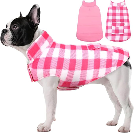 ASENKU Dog Winter Coat, Fleece Doggie Jacket Plaid Reversible Vest Waterproof Windproof Cold Weather Clothes for Small Medium Large Dogs (XS, Pink)