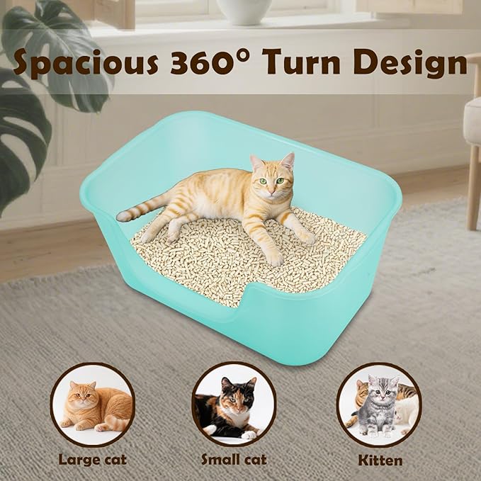 Large Cat Litter Box with High Sides for Indoor Multi Cats,Big Low Entry Cat Litter Pan Kitty Litter Box for Kittens & Senior Cats,Open Top Waterproof Anti-Splashing High Wall Cat Box (Blue)