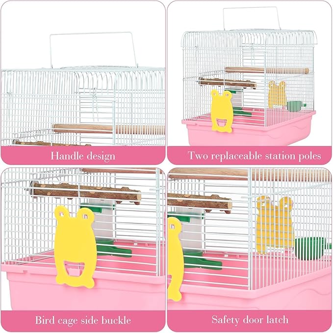 Small Bird Cage, Lightweight Travel Birdcages for Cockatiels - Cage Starter Kit with Stand Accessories for Parakeets Parrot Lovebirds Parrotlets Finches Canaries and More Small Animals, Pink