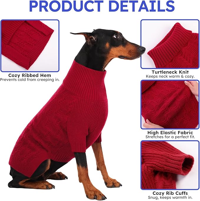 ASENKU Dog Sweater for Medium Dog Girls Boys, Fall Winter Turtleneck Long Sleeve Pet Christmas Sweater, Pullover Sweatshirt for French Bulldog, Dachshund, Red, L