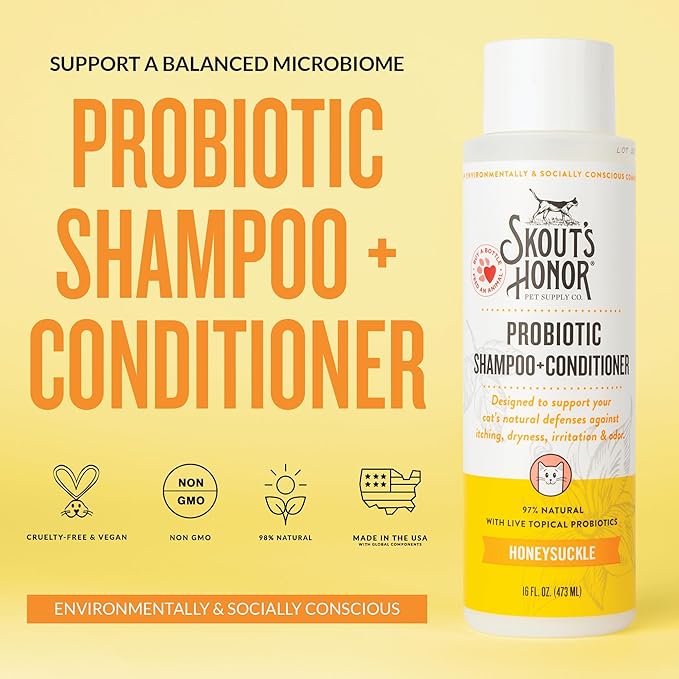 Skout's Honor Probiotic Cat Shampoo & Conditioner with Avocado Oil & Omega-3s, 97% Natural, Paraben & Sulfate-Free, Cruelty-Free, Defend Against Itch, Dryness, Irritation. 16oz, Honeysuckle
